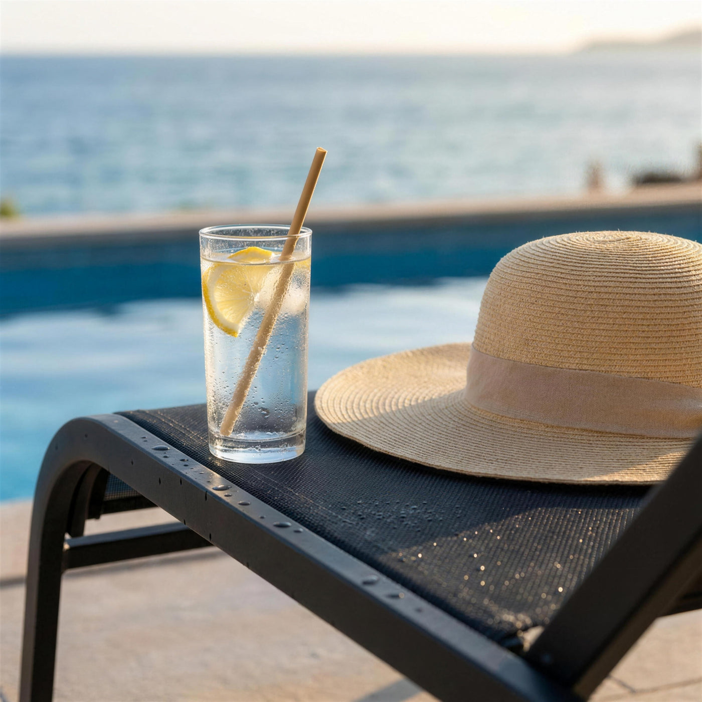 Agua con gas y limon y un sombrero de paja sobre la tumbona Hevea junto a la piscina